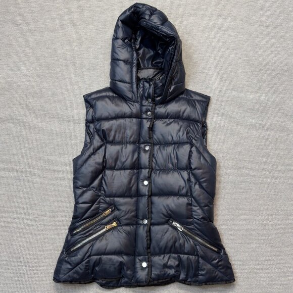 Zara Trafaluc Womens Blue Hooded Puffer Vest Snap Zip Pockets Insulated Sz Small - Picture 4 of 16